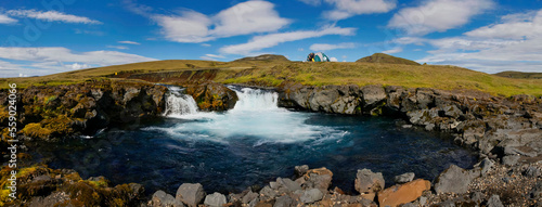Scenic panorama of highland waterfalls, Iceland