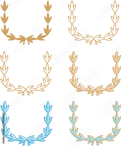 Set of six golden circular laurels, linear and solid. Depicting an award, achievement, heraldry, nobility. Vector illustration.