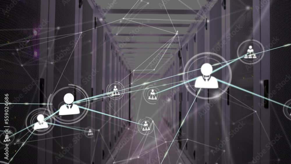 Animation of network of connections over server room Animation of network of connections over server room