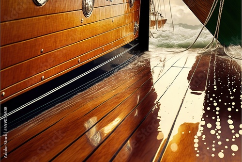 Wallpaper Mural Close-up wet deck of a wooden yacht, created with Generative AI technology Torontodigital.ca