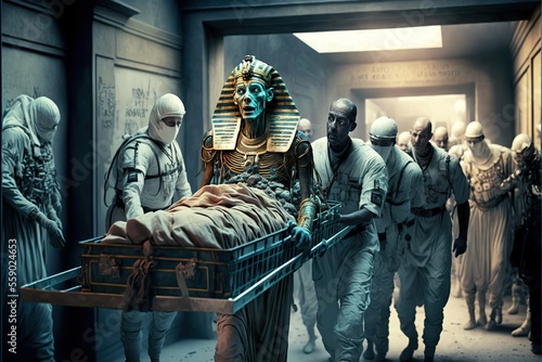 Canvas-taulu Egyptian mummy in the emergency room is in line, created with Generative AI tech
