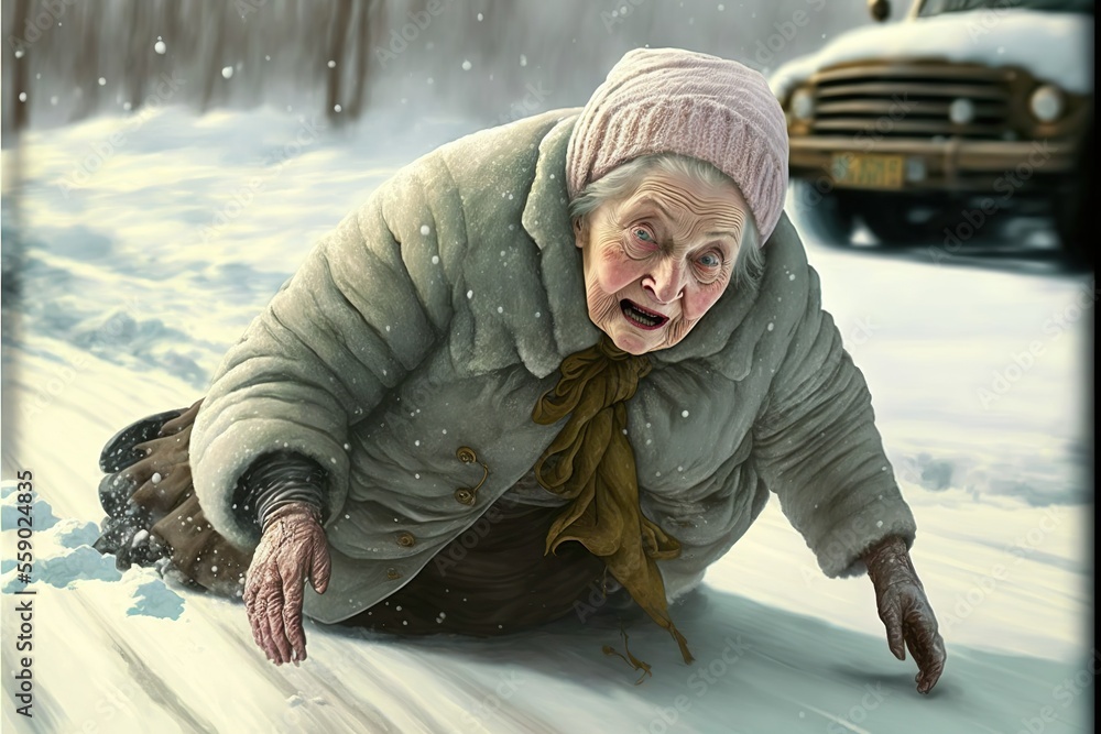 Old woman falls slipping on a slippery snowy road, concept of slippery road, unprotected older people, created with Generative AI technology