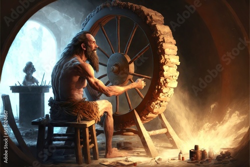 Prehistoric caveman scientist inventing a wheel, concept of trying to create something that someone else has already created,  created with Generative AI technology photo