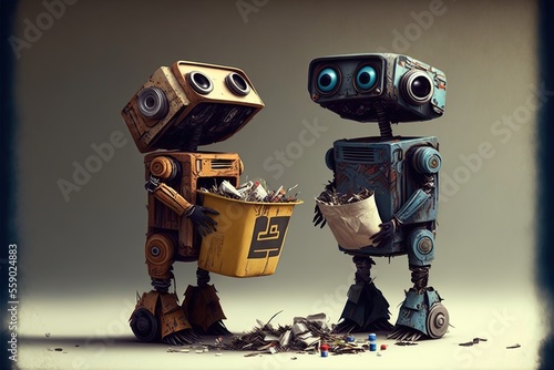 Robots sorting waste, trash, concept of artificial intelligence doing work, created with Generative AI technology photo