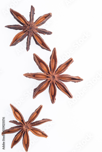 three star anise close up on white background