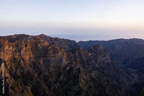 Looking over from Pico Ruivo to Pico do Arieiro on a beautiful sunset in April 2022 after a strenuous hike to the summit.