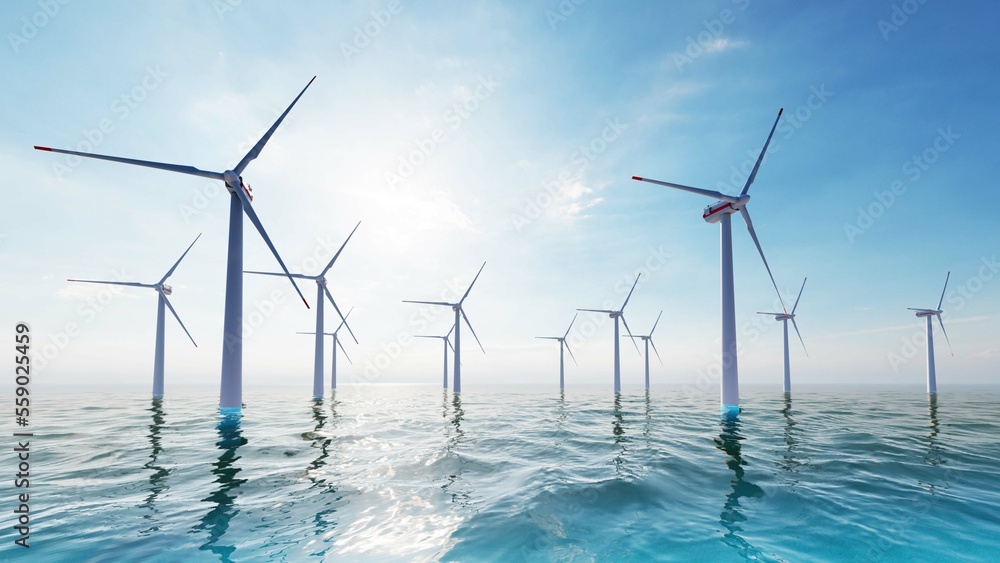 Ocean Wind Farm. Windmill farm in the ocean. Offshore wind turbines in the sea. Wind turbine from aerial view, 3d rendering.
 - obrazy, fototapety, plakaty 