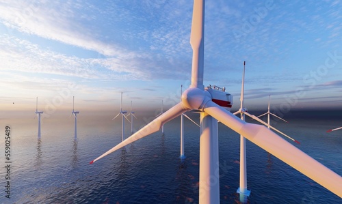 Ocean Wind Farm. Windmill farm in the ocean. Offshore wind turbines in the sea. Wind turbine from aerial view, 3d rendering. 