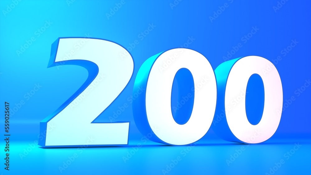 Number 200 in white on light blue background, isolated number 3d rendering. Number 200 in white on light blue background, isolated number 3d rendering.