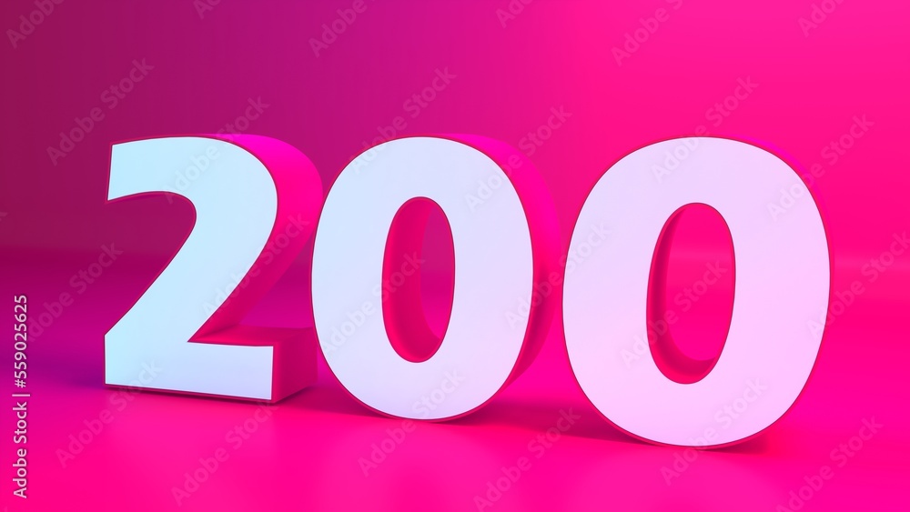 Number 200 in white on light red background, isolated number 3d rendering. Number 200 in white on light red background, isolated number 3d rendering.