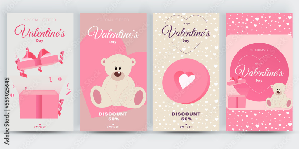 Set of Valentine's Day celebration social media stories templates. Love banners with cute romantic design elements. Ideal for web, event invitation, discount voucher, advertising. Vector Set of Valentine's Day celebration social media stories templates. Love banners with cute romantic design elements. Ideal for web, event invitation, discount voucher, advertising. Vector