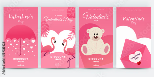 Set of Valentine's Day celebration social media stories templates. Love banners with cute romantic design elements. Ideal for web, event invitation, discount voucher, advertising. Vector