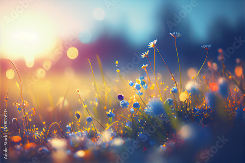 Beautiful bokeh tender spring flowers and herbs stylized illustration. Generative AI © tania_wild