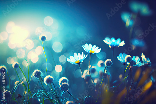 Beautiful bokeh tender spring flowers and herbs stylized illustration. Generative AI
