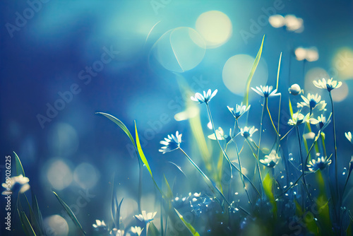 Beautiful bokeh tender spring flowers and herbs stylized illustration. Generative AI