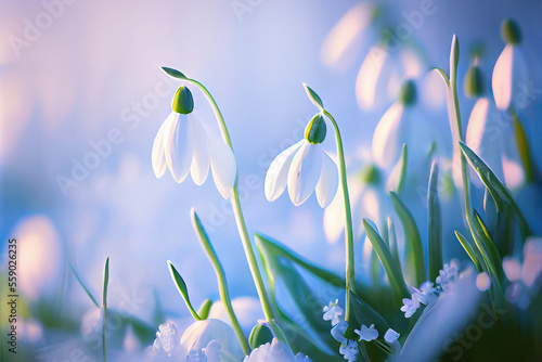 Beautiful bokeh meadow with snowdrops spring flowers stylized illustration. Generative AI