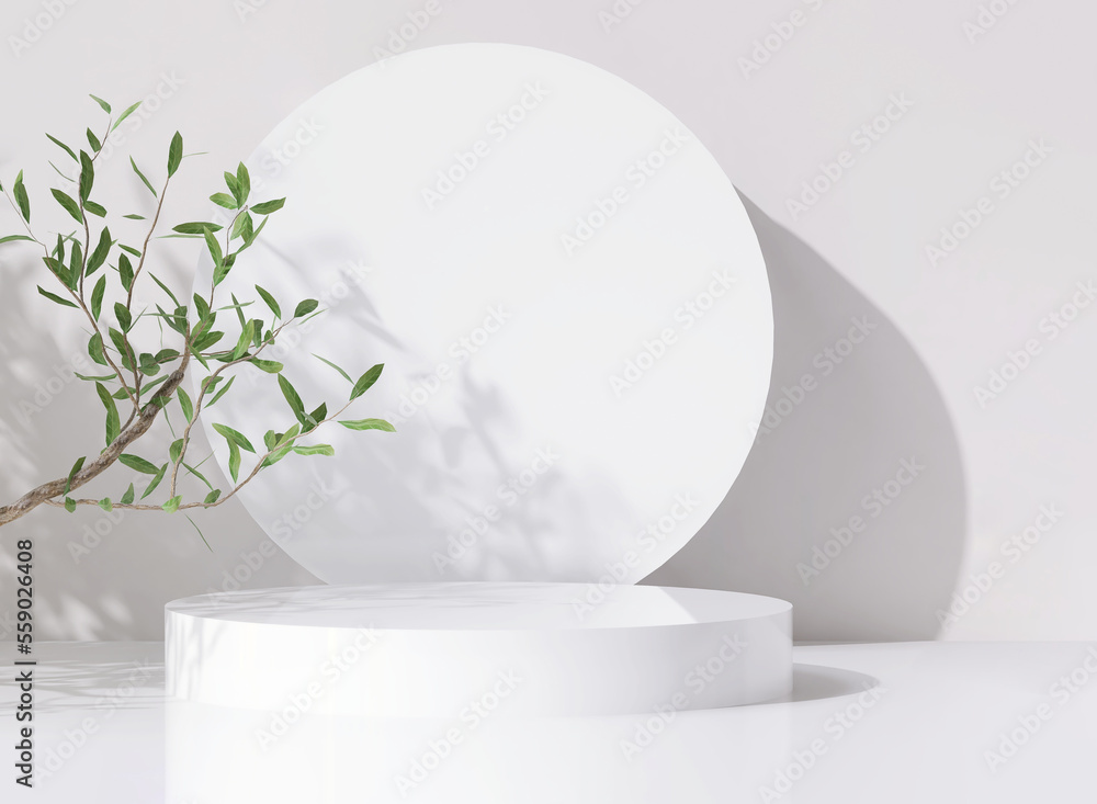 3D render beautiful white podium for whitening beauty skincare products display backdrop, templates with natural green leaves plant twig, sunlight and foliages leaves shadow. Floor, Space, Shadow. - obrazy, fototapety, plakaty 