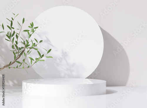 3D render beautiful white podium for whitening beauty skincare products display backdrop, templates with natural green leaves plant twig, sunlight and foliages leaves shadow. Floor, Space, Shadow. photo