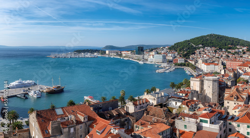 Aerial view of Split old town with harbor in Sunny day, Croatia