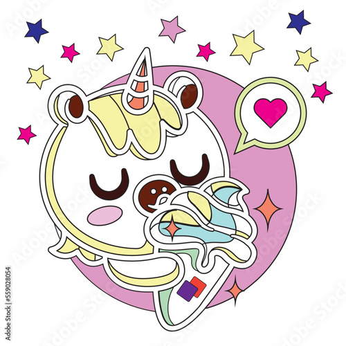 Cute unicorn sleep vector pony cartoon on moon with cloud magic sleeping time for sweet dream. kawaii unicorn 