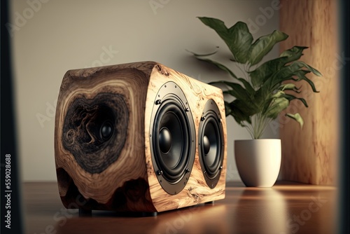 Solid wood design speaker system for home entertainment. Generative ai illustration for lovers of sound and design. photo