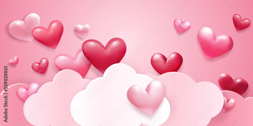 Valentine's Day illustration with red hearts and paper clouds on pink background Valentine's Day illustration with red hearts and paper clouds on pink background
