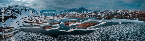 Snowy landscape of Hardangervidda national park with mountains and icy lakes in Norway, from above