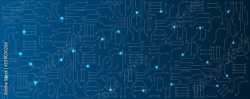 Blue circuit electronic or electrical line circuit board with circle engineering technology concept vector background