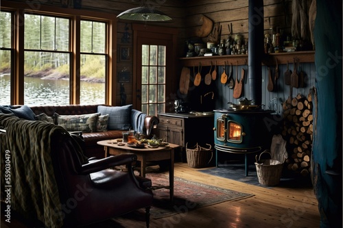 Fotografia rustic cabin nestled in the woods with a wood-burnin,ai, Generative AI