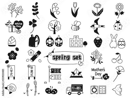 ひな祭りや桜などの春の行事や植物をイメージしたイラストのセット　線画・白黒バージョン