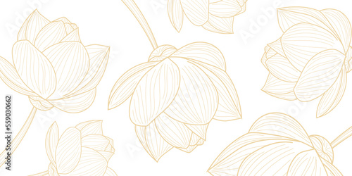 Luxurious floral background design. Golden lotus flowers line arts design for wallpaper  banner  prints  invitation and packaging design. vector illustration.