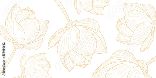 Luxurious floral background design. Golden lotus flowers line arts design for wallpaper, banner, prints, invitation and packaging design. vector illustration.