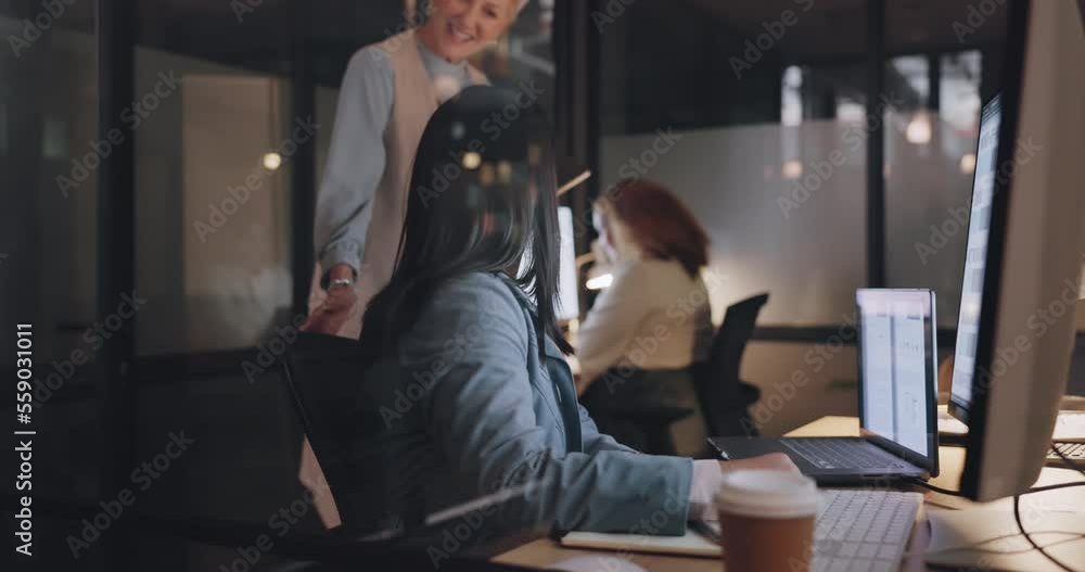 Business women, computer or manager in night help on digital marketing deadline, advertising research or kpi data analytics. Smile, happy or mature ceo in working late teamwork on employee technology Business women, computer or manager in night help on digital marketing deadline, advertising research or kpi data analytics. Smile, happy or mature ceo in working late teamwork on employee technology