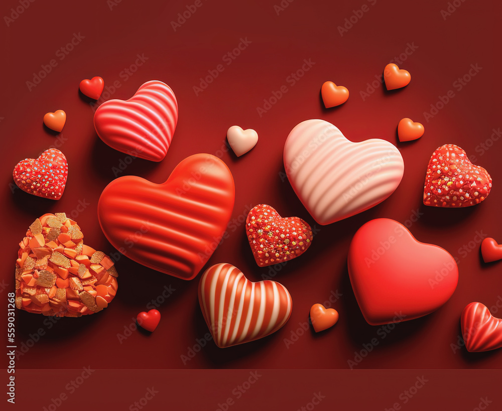 Obraz premium 3d heart shape sweets and candies on red background. Symbols of love for Happy Women's, Mother's, Valentine's Day, birthday greeting card design with copy space. Generative ai