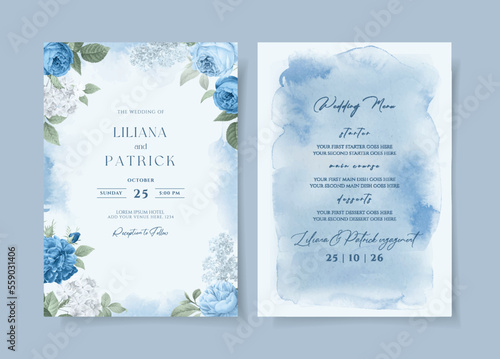 Wedding invitation template set with blue floral and leaves decoration