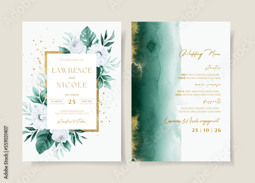 Wedding invitation template set with white floral and leaves decoration