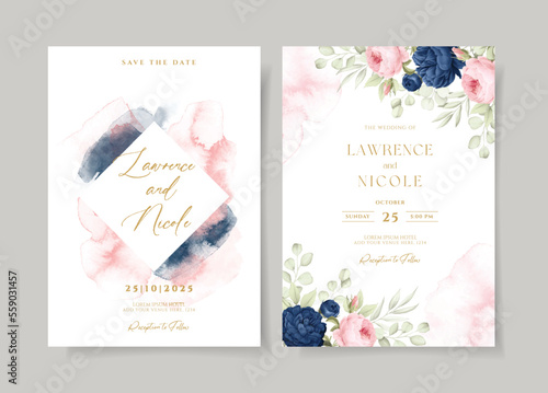 Wedding invitation template set with navy pink floral and leaves decoration