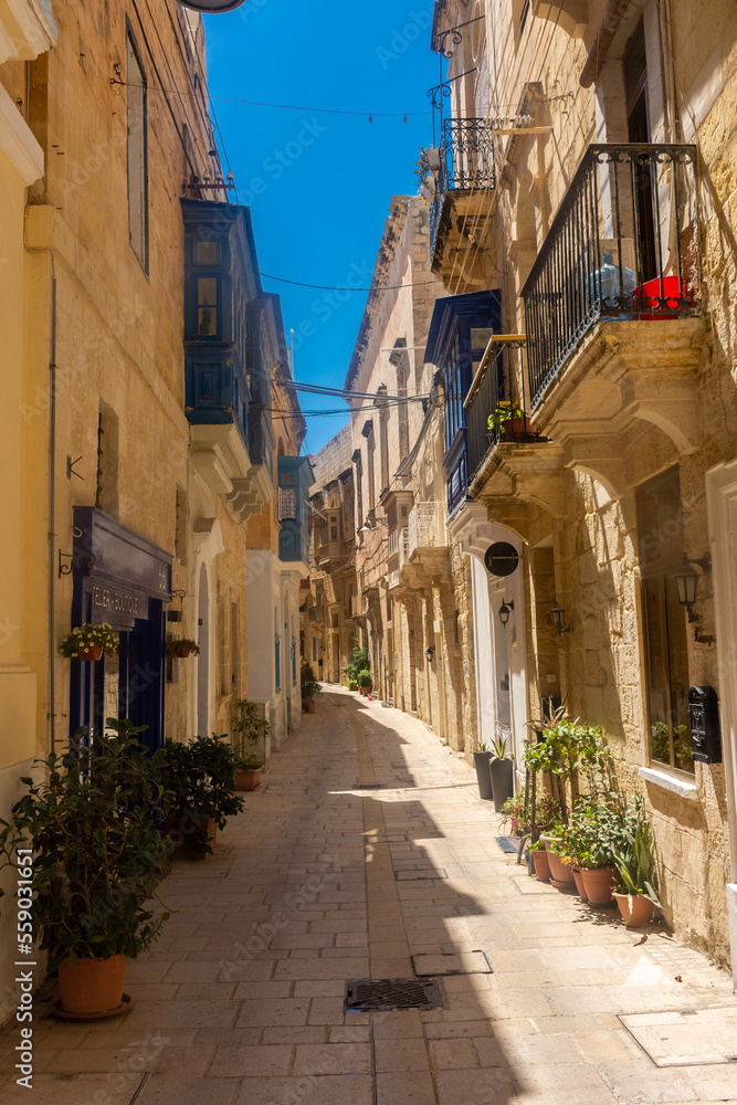 Birgu, Malta, 22 May 2022:  Street in the old town of Birgu, one of the Three Cities