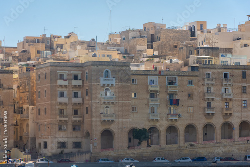 Birgu, Malta, 22 May 2022: View of Cospicua, one of the three cities, from the marina of Birgu