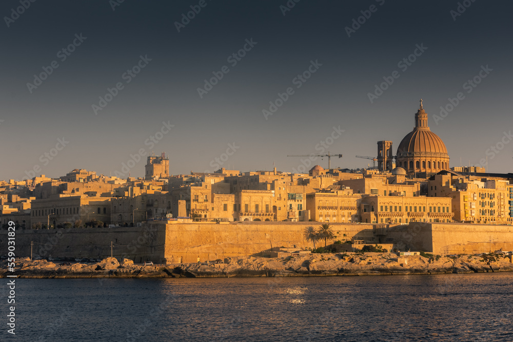 Valletta, Malta, 22 May 2022 : Beautiful view of Valletta skyline at sunset, view from Sliema