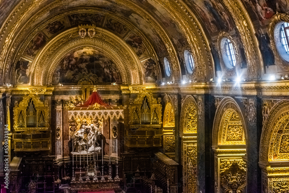 Valletta, Malta, 22 May 2022: Golden interior of St John's Co-Cathedral