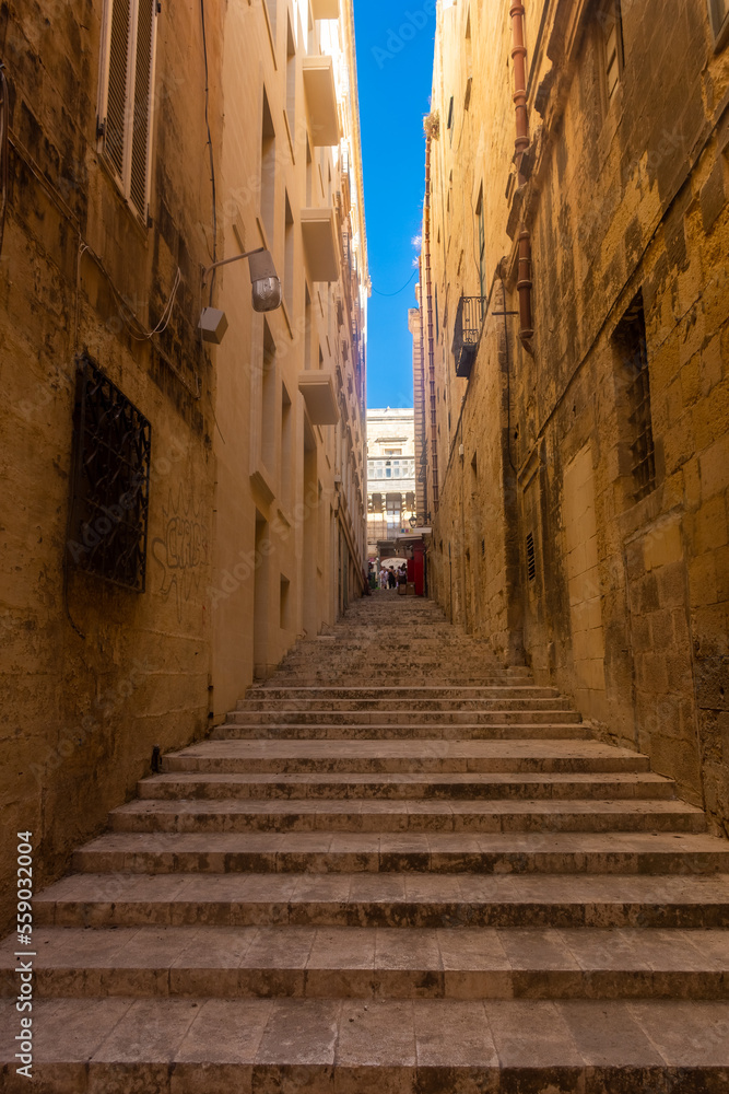 Valletta, Malta, 22 May 2022:  Stairs of a street in Valletta old town