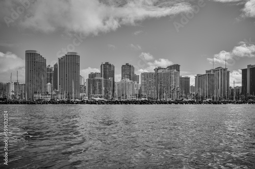 View from Sea of a Cityscape in Black and White.