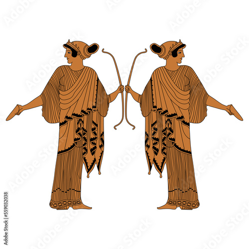 Symmetrical ethnic design with ancient Greek goddess Artemis holding bow. Vase painting style. Isolated vector illustration.