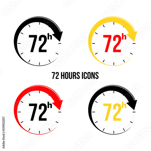 72 hours icons. 72 Hour Time Icons. Clock with arrow. vector illustration