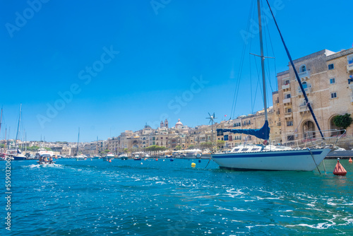 Birgu, Malta, 22 May 2022:  View of Cospicua, one of the three cities, from the marina of Birgu photo