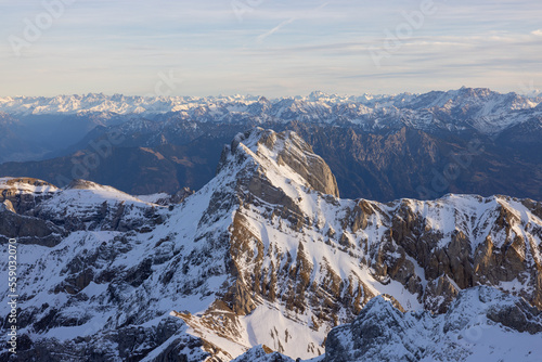 Great view over the peaks of the Swiss Alps from the vantage point on the Säntis.
