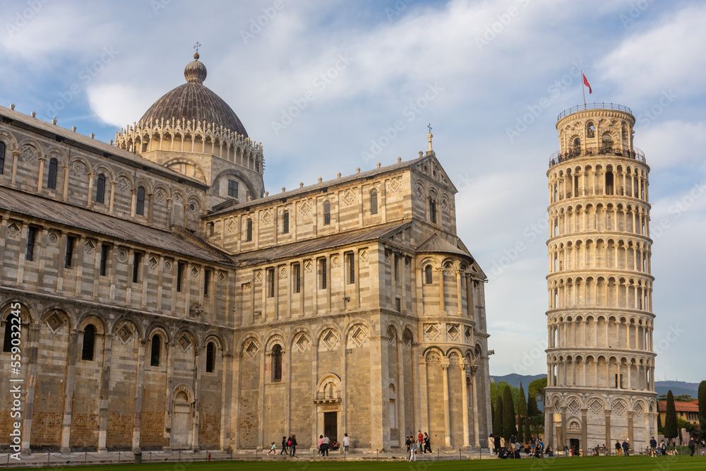 Fototapeta premium Pisa, Italy, 14 April 2022: View of the Cathedral and the leaning tower
