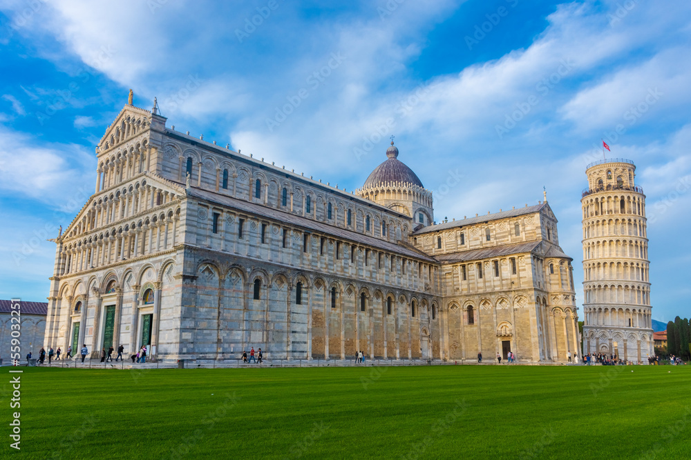 Pisa, Italy, 14 April 2022:  View of the Cathedral and the leaning tower