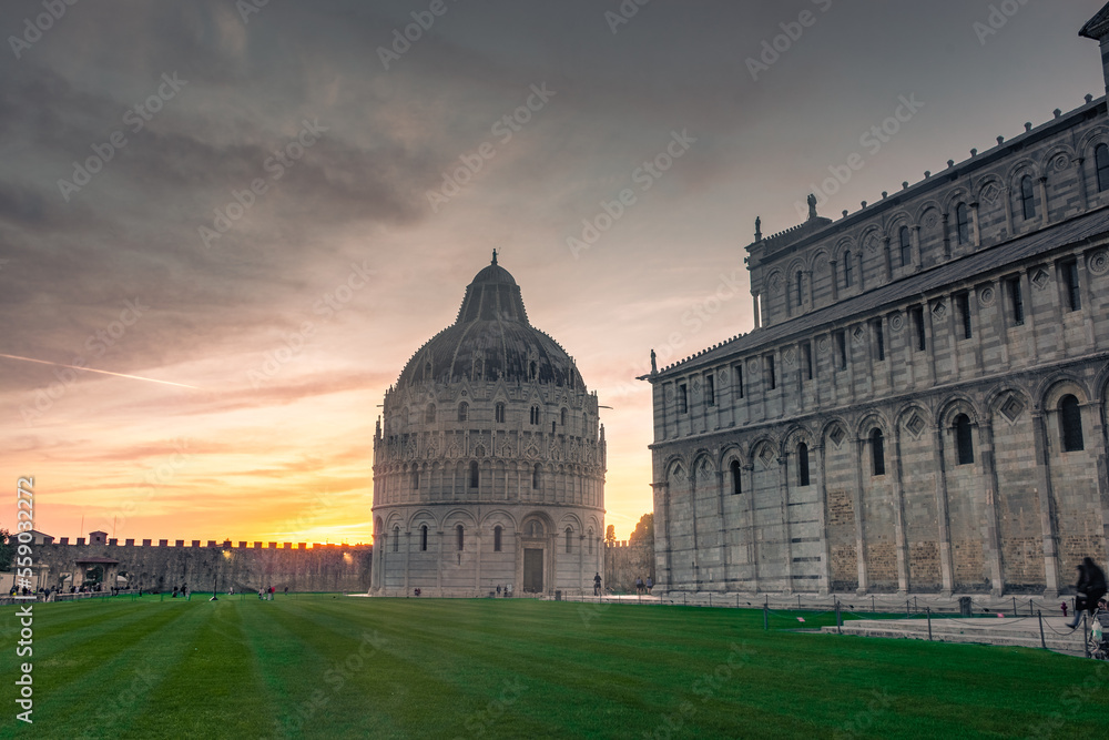 Pisa, Italy, 14 April 2022:  View of Pisa Baptistery at sunset
